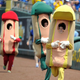 Three people in hot dog costumes racing long baseline at ballpark for Hot Dog Derby